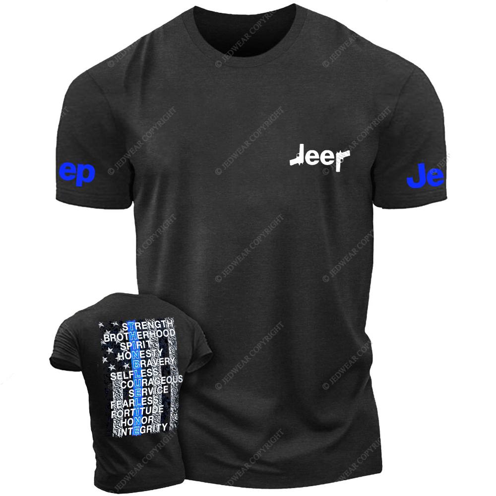 Thin Blue Line American Flag Policeman Gun Front And Rear Design  Jp T-Shirt