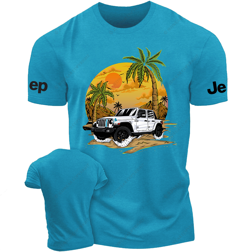 White Car Sun Mountain Coconut Trees Jp T-Shirt
