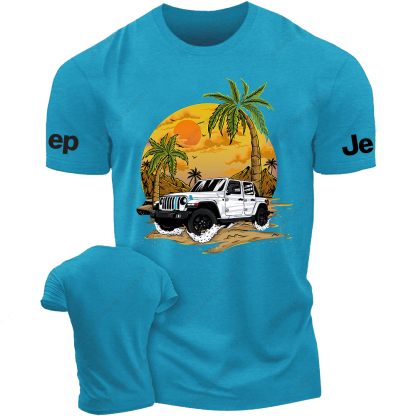White Car Sun Mountain Coconut Trees Jp T-Shirt
