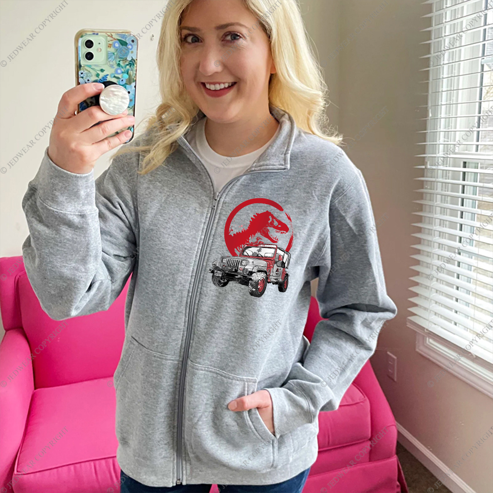 Dinosaur On The Back Of An Off-Road Vehicle Full-Zip Jacket Sweatshirt