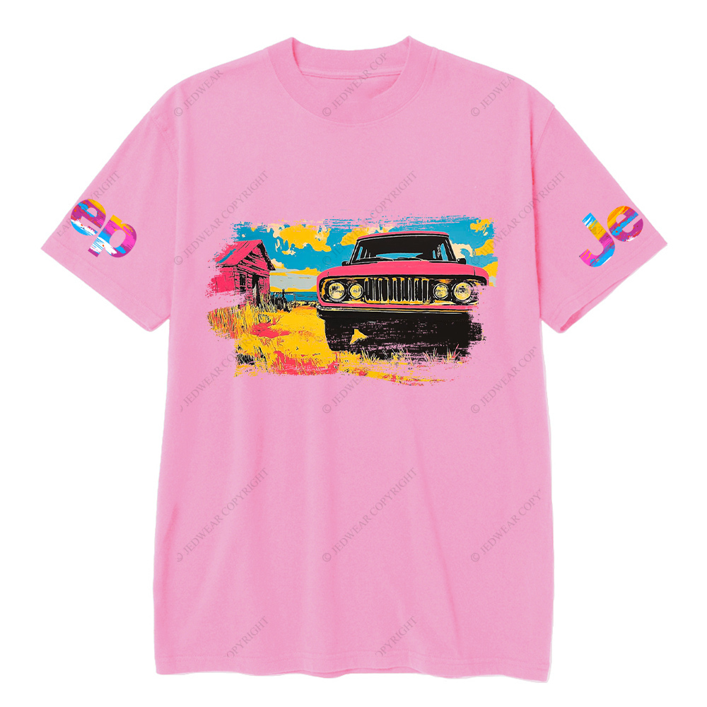 Vibrant Pink Car in a Colorful Landscape Jp T-Shirt