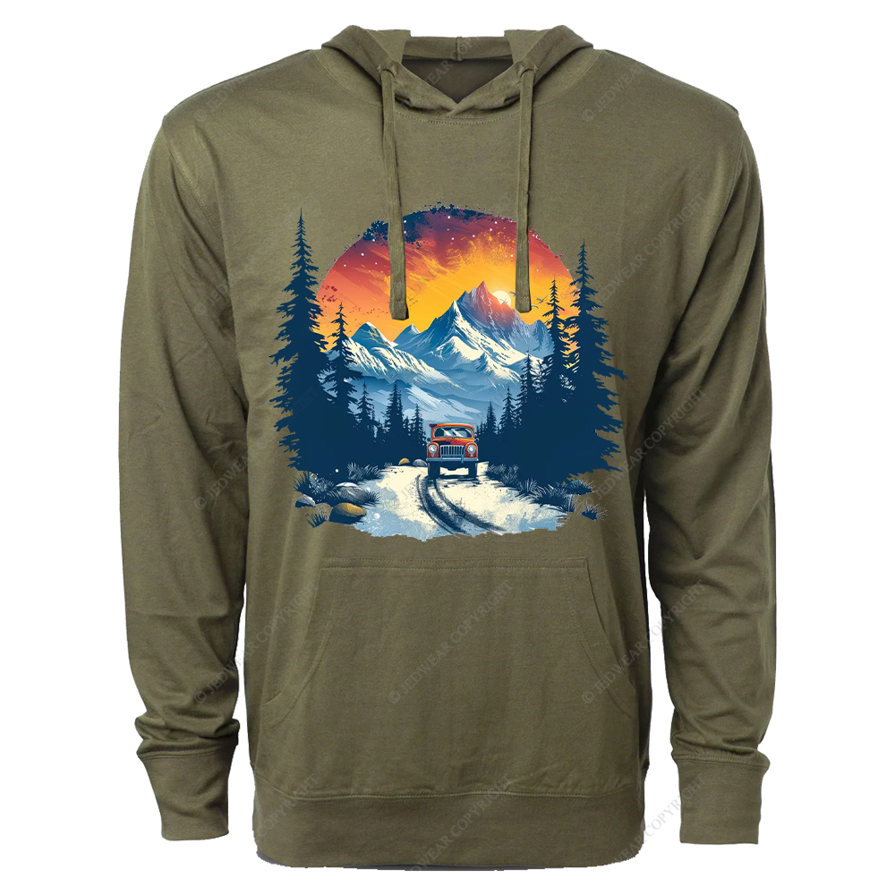 Red Car Is Driving Down A Road In The Mountains Jp Oversized Lightweight Hoodie