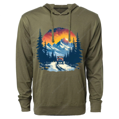 Red Car Is Driving Down A Road In The Mountains Jp Oversized Lightweight Hoodie