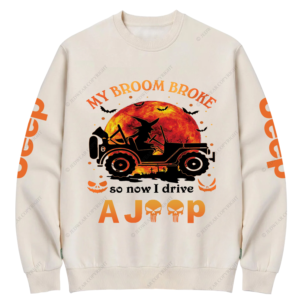 Halloween Pumpkin Bat My Broom Broke So Now I Drive A Car Jp Crew Neck Sweatshirt