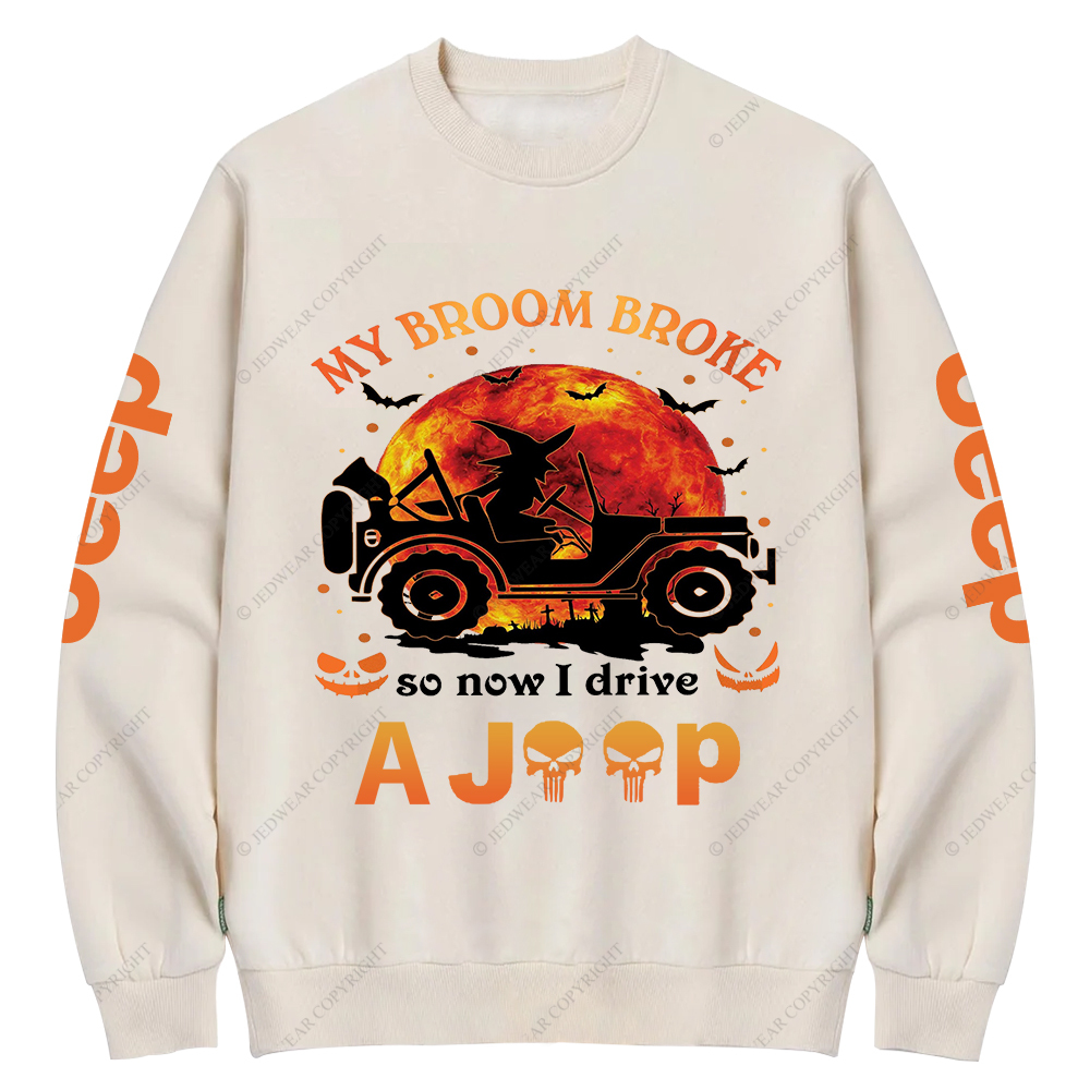 Halloween Pumpkin Bat My Broom Broke So Now I Drive A Car Jp Crew Neck Sweatshirt