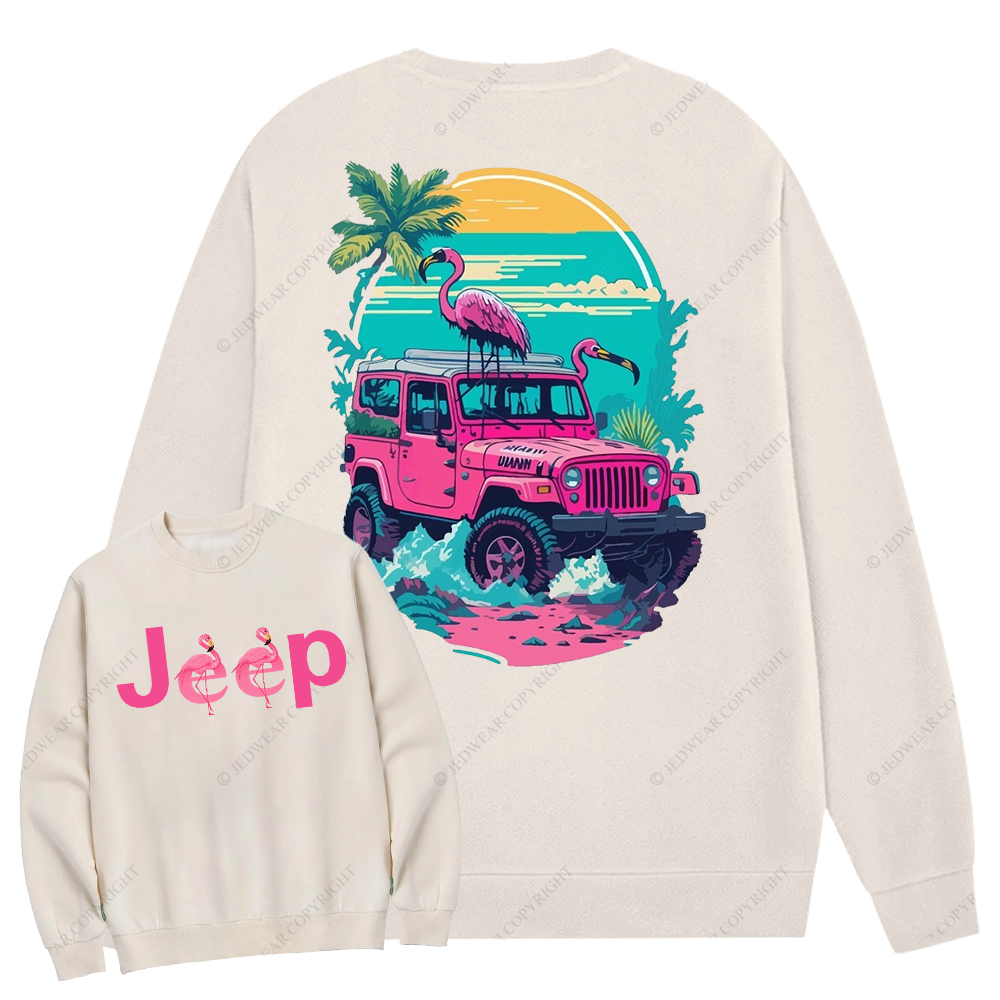 Pink Off-Road And Pink Swan Flamingo On The Seashore Front And Rear Design Jp Crew Neck Sweatshirt