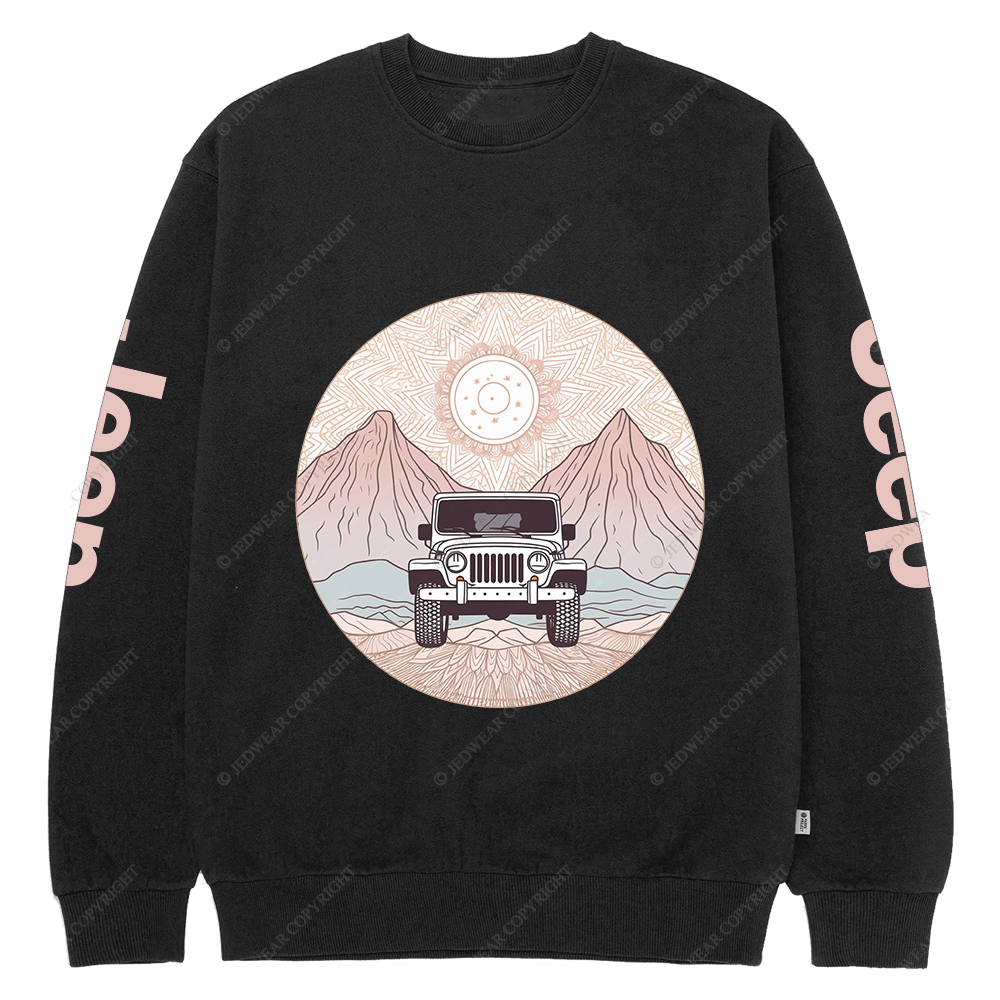 There Is A Car Driving Through A Desert With Mountains Jp Crew Neck Sweatshirt