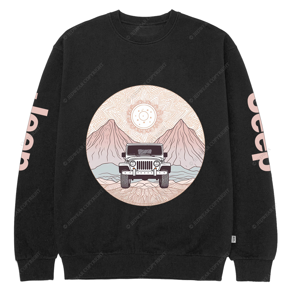 There Is A Car Driving Through A Desert With Mountains Jp Crew Neck Sweatshirt