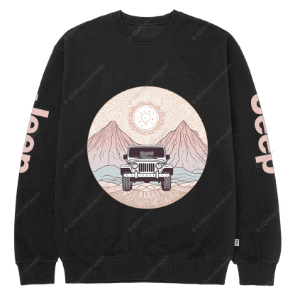 There Is A Car Driving Through A Desert With Mountains Jp Crew Neck Sweatshirt