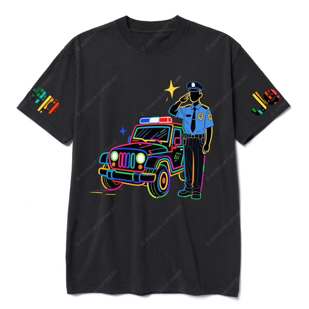 Policeman Saluting Next To Police Car Star JP T-Shirt