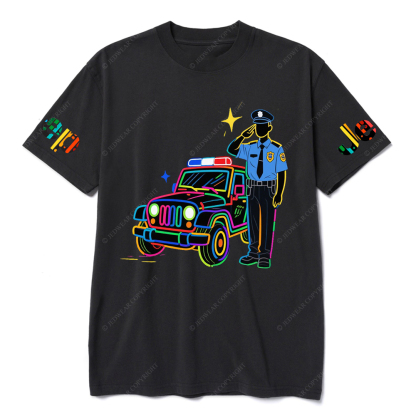 Policeman Saluting Next To Police Car Star JP T-Shirt