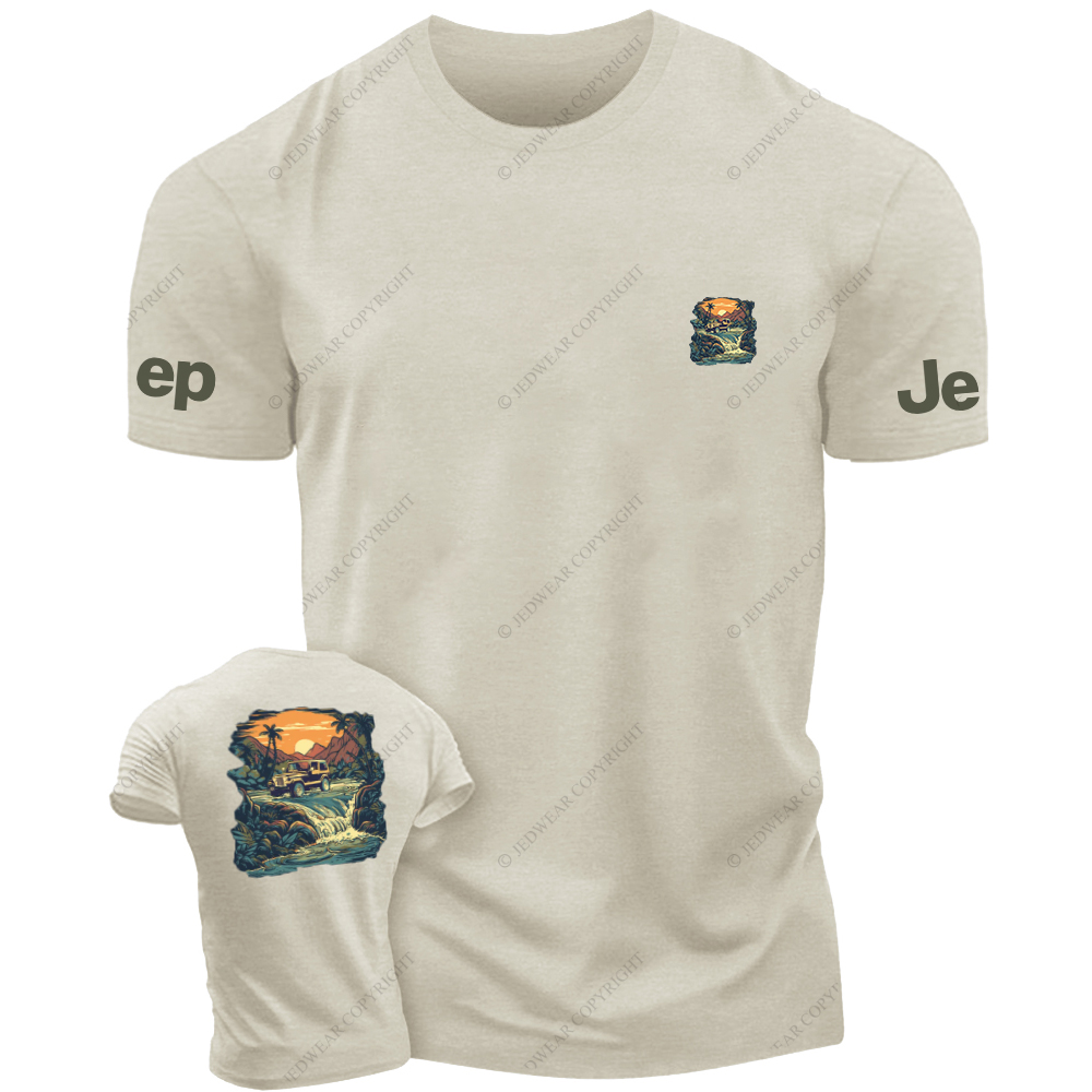 Four-Wheeled Vehicle Driving In Water Sunset Palm Trees Stones JP T-Shirt