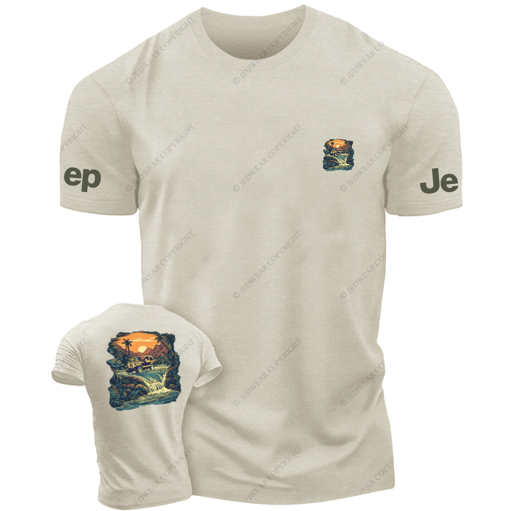 Four-Wheeled Vehicle Driving In Water Sunset Palm Trees Stones JP T-Shirt