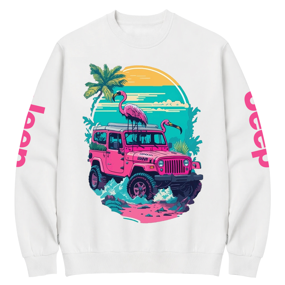 Pink Off-Road And Pink Swan Flamingo On The Seashore Jp Crew Neck Sweatshirt