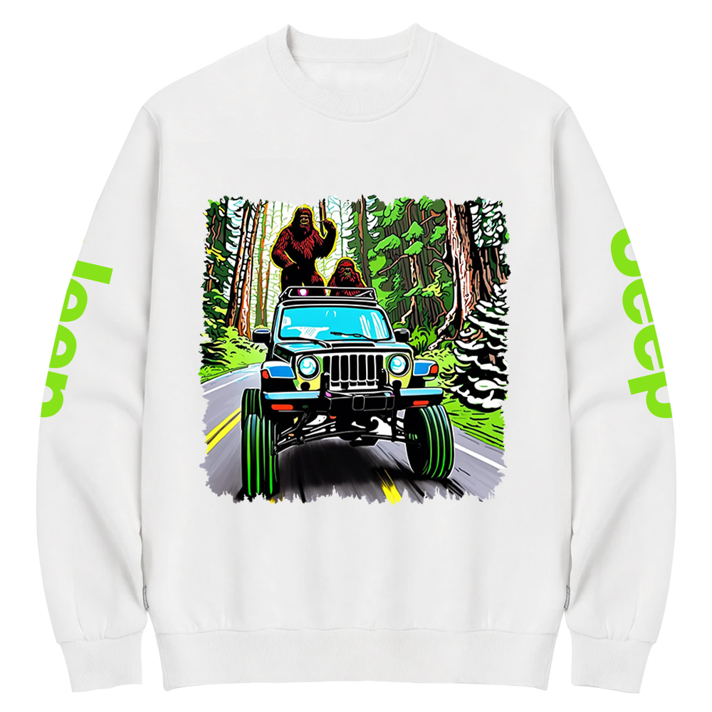 Sasquatch Driving A White 1982  Renegade In A Neon Forest Jp Crew Neck Sweatshirt