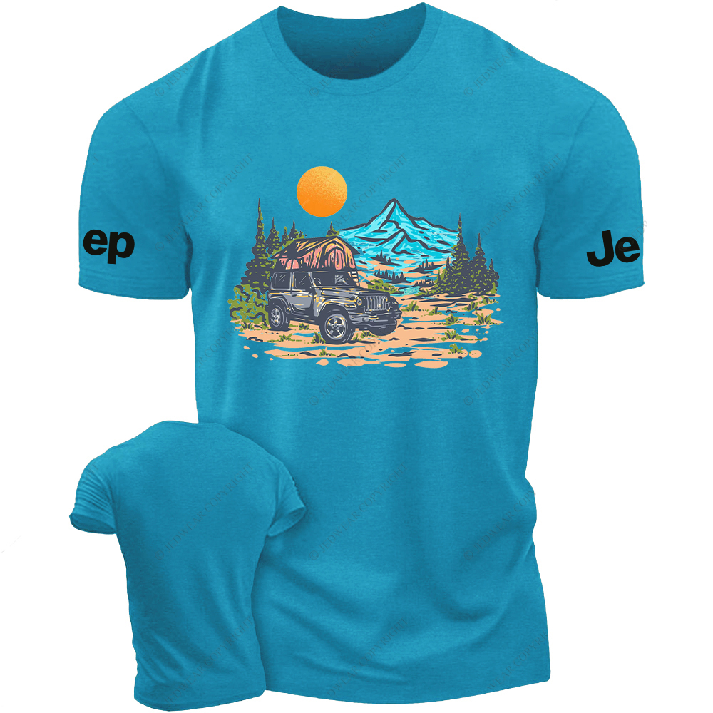 Mountains Trees Sunset Water Line Art Jp T-Shirt