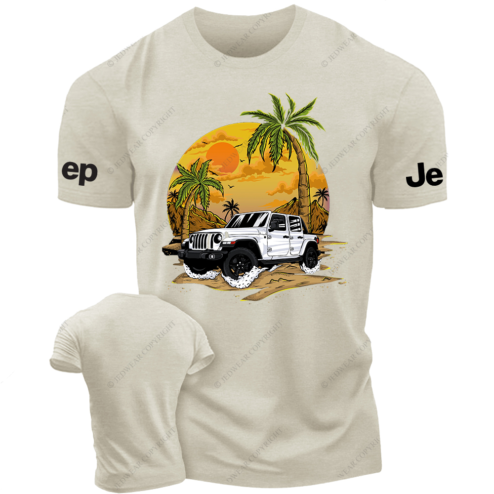 White Car Sun Mountain Coconut Trees Jp T-Shirt