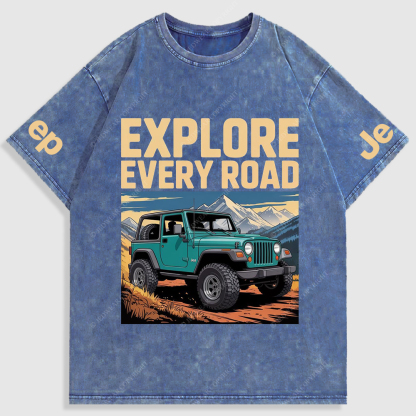 Explore Every Road  Snowy Mountain Meadows Washed T-Shirt