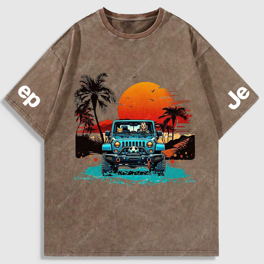 Woman Cat Sunset Beach Seaside Washed T-Shirt
