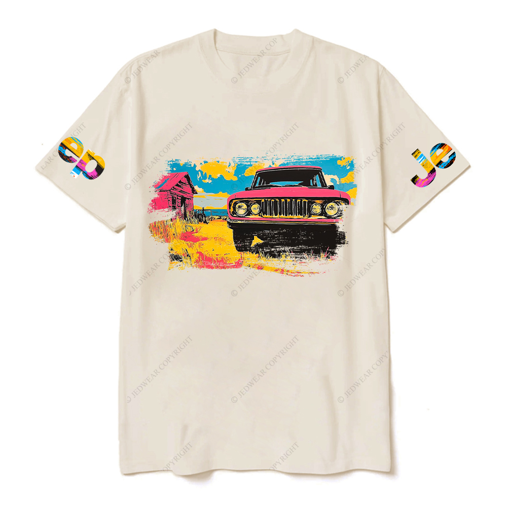 Vibrant Pink Car in a Colorful Landscape Jp T-Shirt