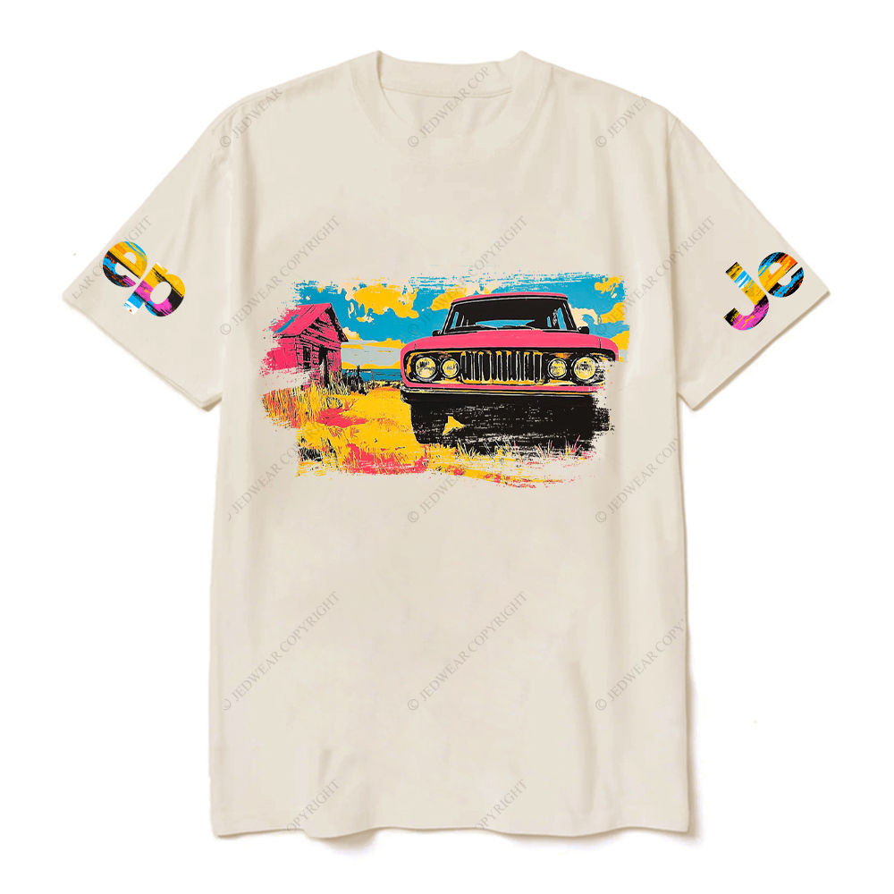 Vibrant Pink Car in a Colorful Landscape Jp T-Shirt