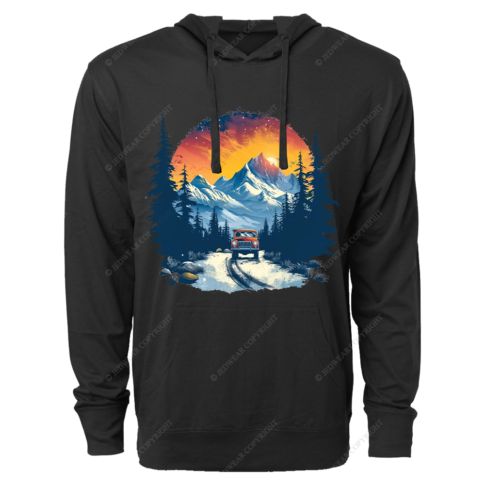 Red Car Is Driving Down A Road In The Mountains Jp Oversized Lightweight Hoodie