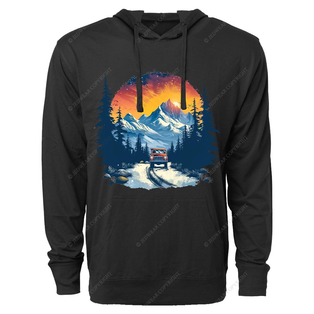 Red Car Is Driving Down A Road In The Mountains Jp Oversized Lightweight Hoodie