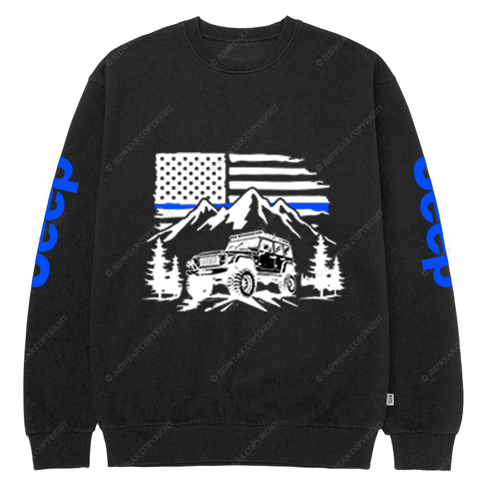 Jp Police Blue Line American Flag Mountains Silhouette Jp Crew Neck Sweatshirt