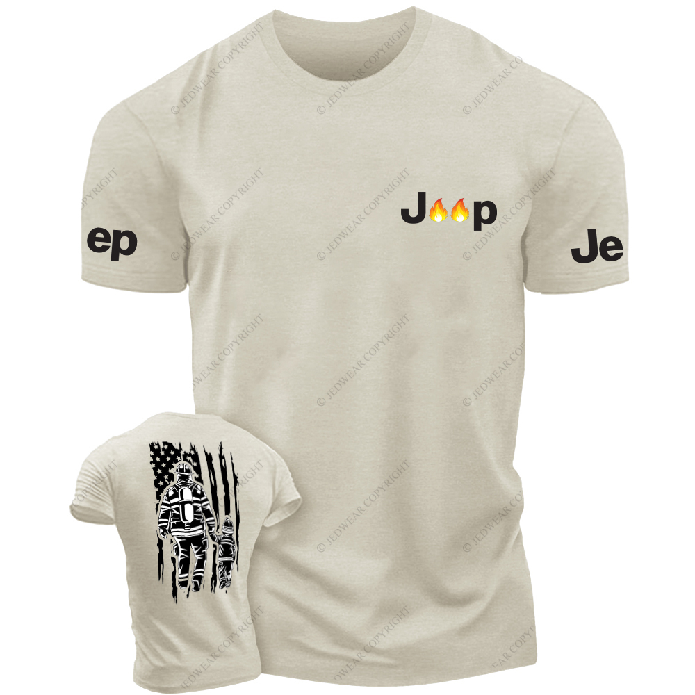 Back View Of Firefighters And Children Walking Out Of The Fire JP T-Shirt