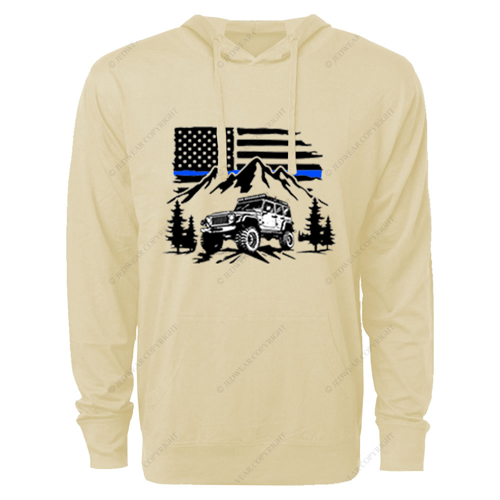 Jp Police Blue Line American Flag Mountains Silhouette Jp Oversized Lightweight Hoodie