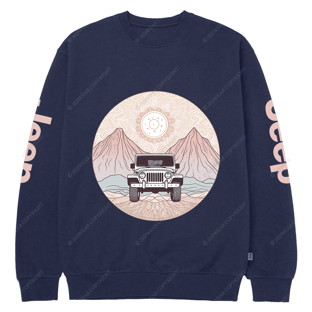 There Is A Car Driving Through A Desert With Mountains Jp Crew Neck Sweatshirt