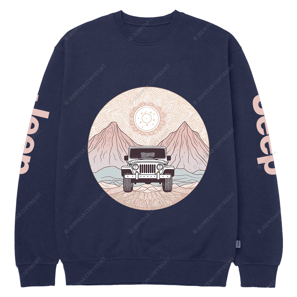 There Is A Car Driving Through A Desert With Mountains Jp Crew Neck Sweatshirt