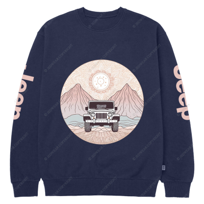 There Is A Car Driving Through A Desert With Mountains Jp Crew Neck Sweatshirt