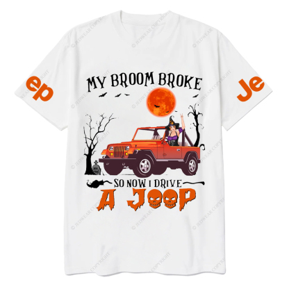 Halloween My Broom Broke So Now I Drive A Orange Wrangler Jp T-Shirt