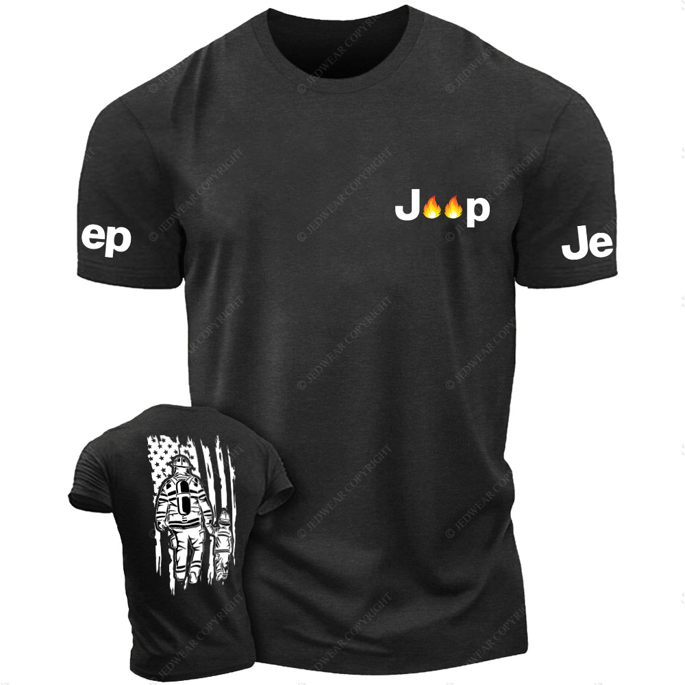 Back View Of Firefighters And Children Walking Out Of The Fire JP T-Shirt