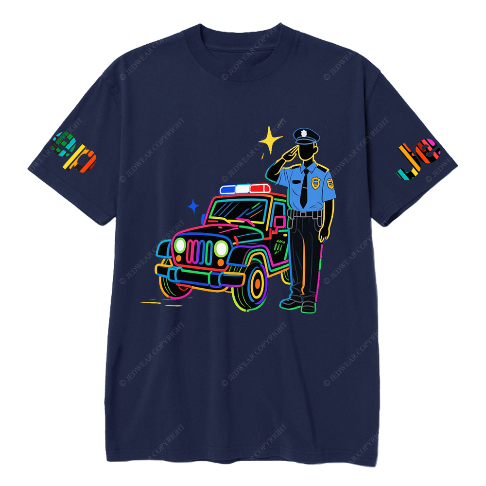 Policeman Saluting Next To Police Car Star JP T-Shirt