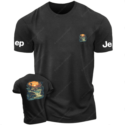 Four-Wheeled Vehicle Driving In Water Sunset Palm Trees Stones JP T-Shirt