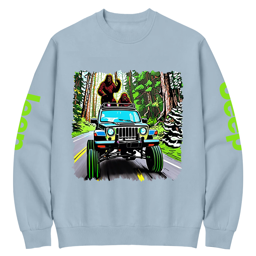 Sasquatch Driving A White 1982  Renegade In A Neon Forest Jp Crew Neck Sweatshirt
