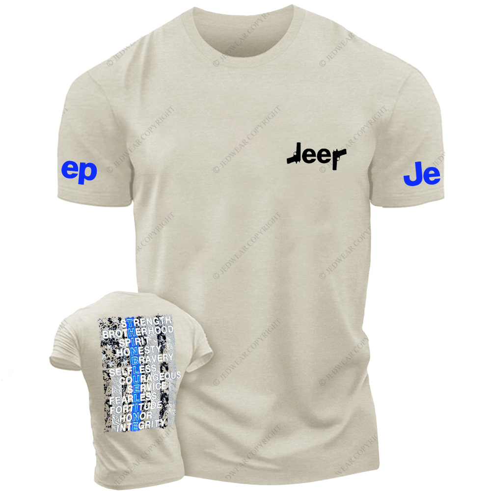 Thin Blue Line American Flag Policeman Gun Front And Rear Design  Jp T-Shirt