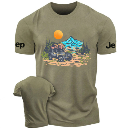 Mountains Trees Sunset Water Line Art Jp T-Shirt