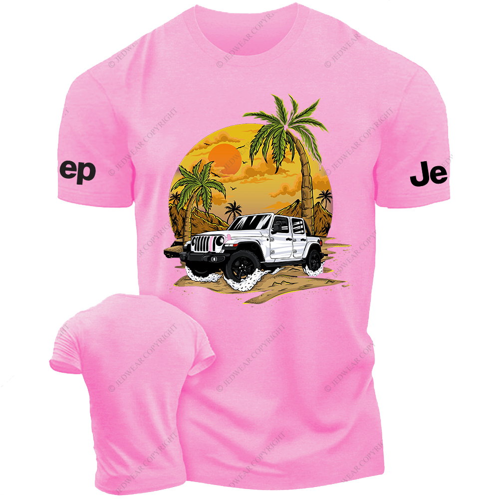 White Car Sun Mountain Coconut Trees Jp T-Shirt
