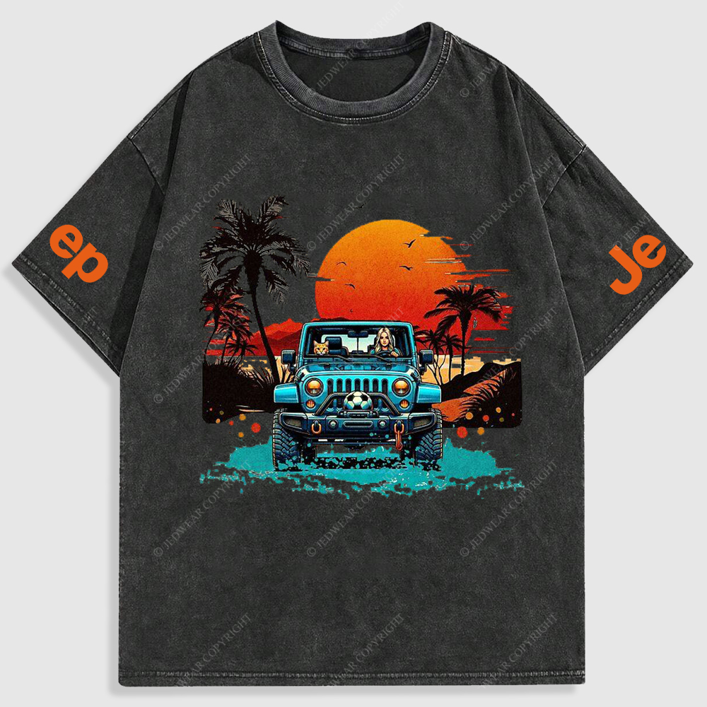 Woman Cat Sunset Beach Seaside Washed T-Shirt