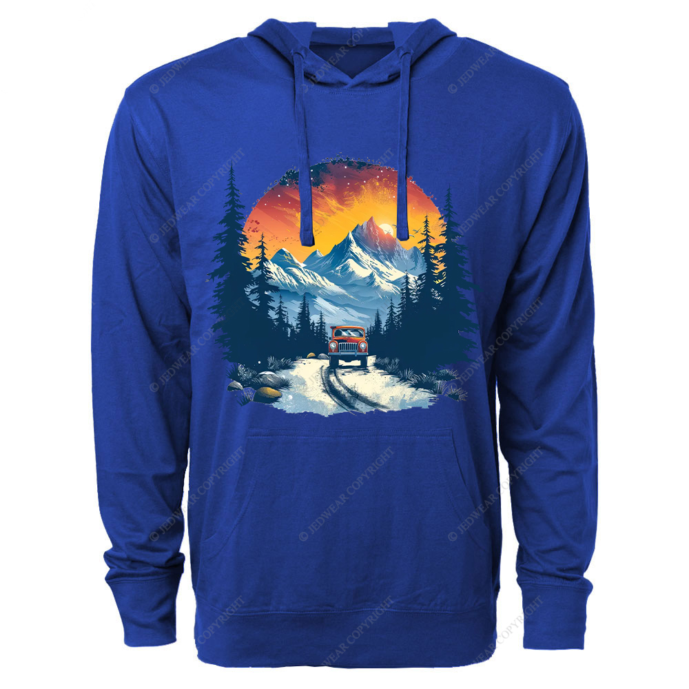 Red Car Is Driving Down A Road In The Mountains Jp Oversized Lightweight Hoodie