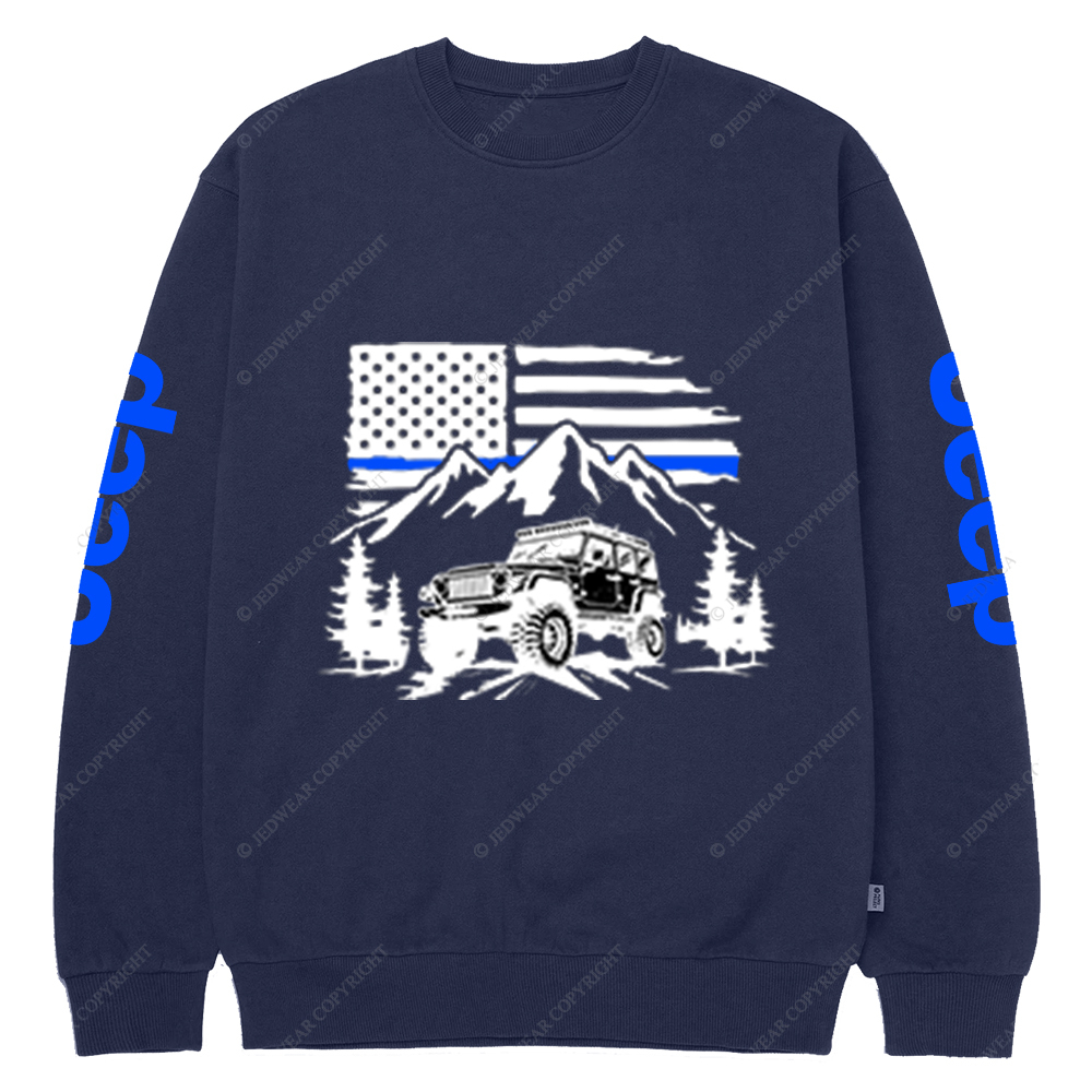 Jp Police Blue Line American Flag Mountains Silhouette Jp Crew Neck Sweatshirt