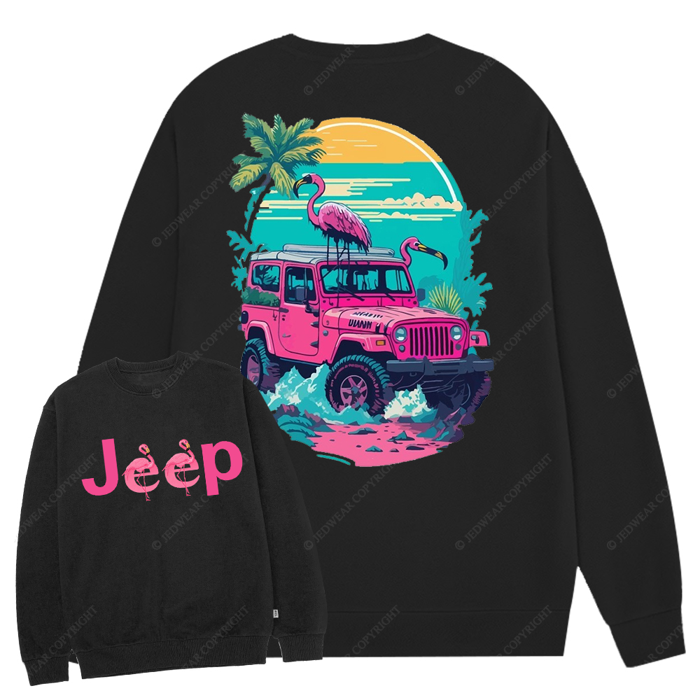 Pink Off-Road And Pink Swan Flamingo On The Seashore Front And Rear Design Jp Crew Neck Sweatshirt