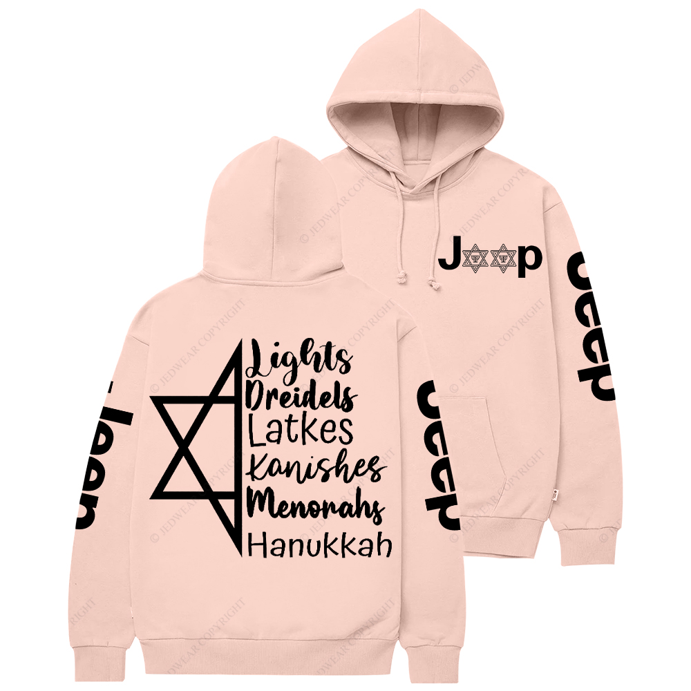 Religion Judaism Lights Dreidels Latkes Kanishes Menorahs Hanukkah Jp Casual Hoodie