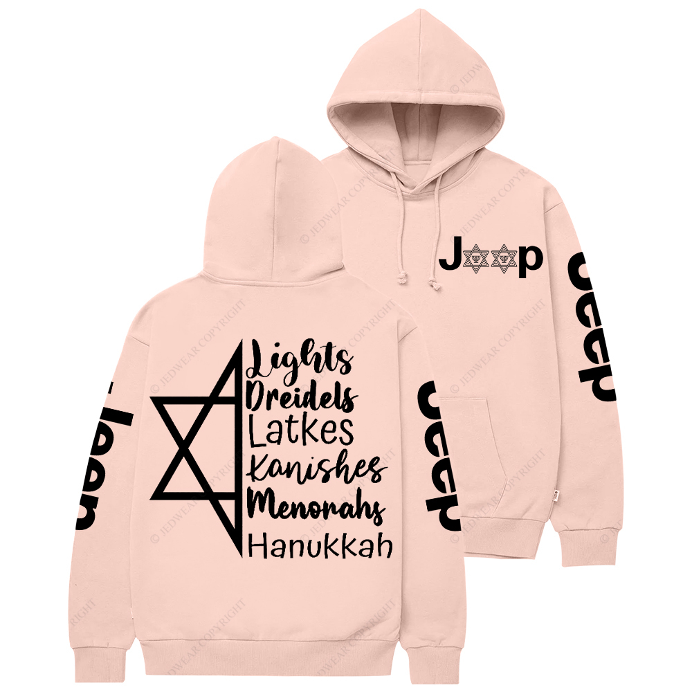 Religion Judaism Lights Dreidels Latkes Kanishes Menorahs Hanukkah Jp Casual Hoodie