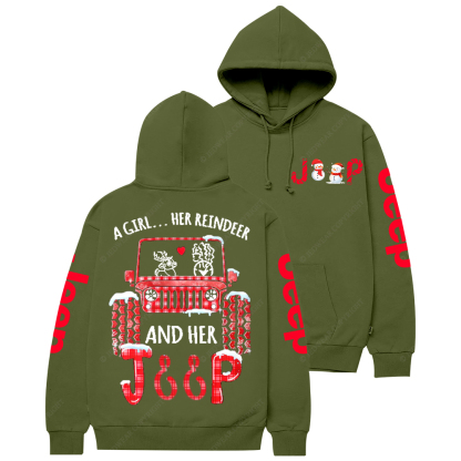 A Girl Her Reindeer And Her Car Merry Christmas Jp Casual Hoodie