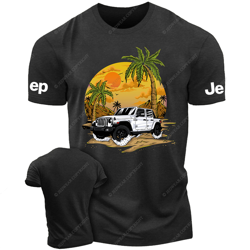 White Car Sun Mountain Coconut Trees Jp T-Shirt