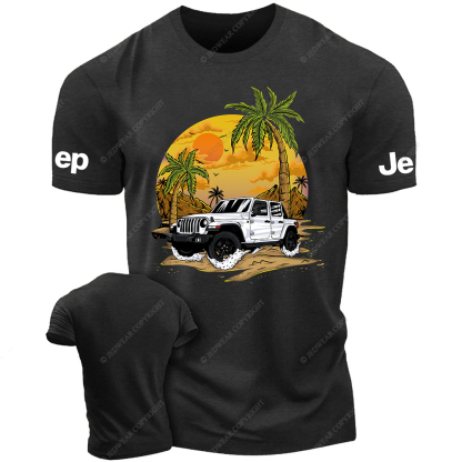 White Car Sun Mountain Coconut Trees Jp T-Shirt